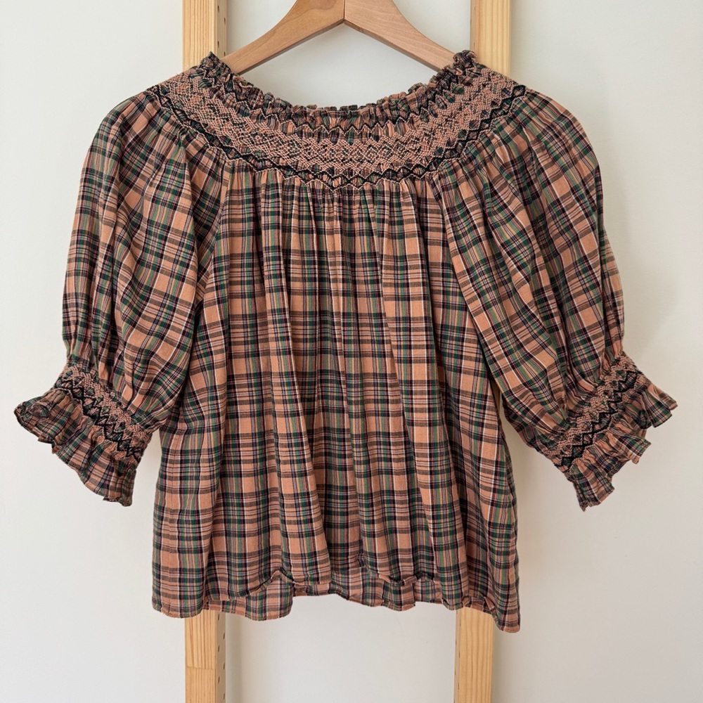 Dôen Plaid Smocked Peasant Blouse Top Puff Sleeve Cottagecore XS (S)